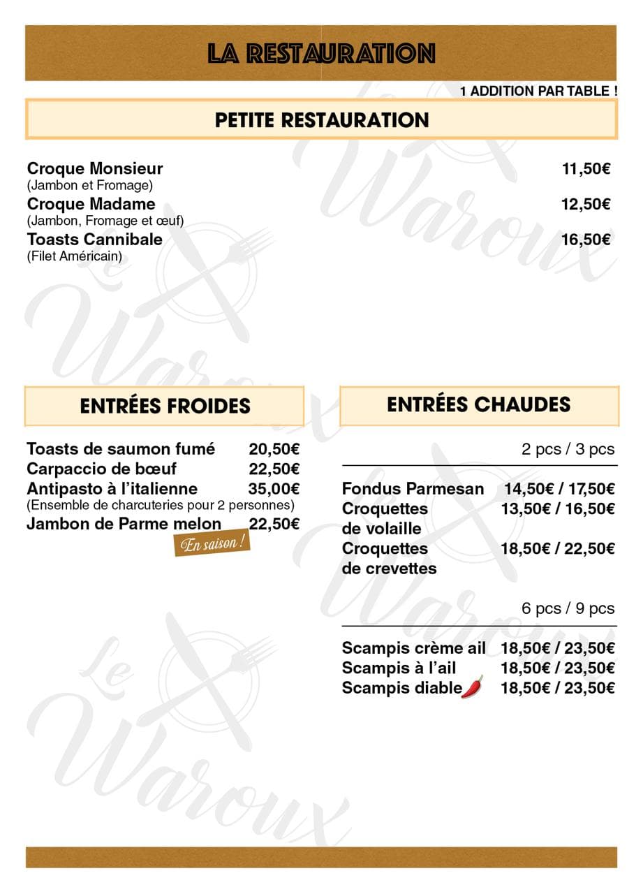 Menu Le Waroux — Petite restauration, entrées froides et entrées chaudes