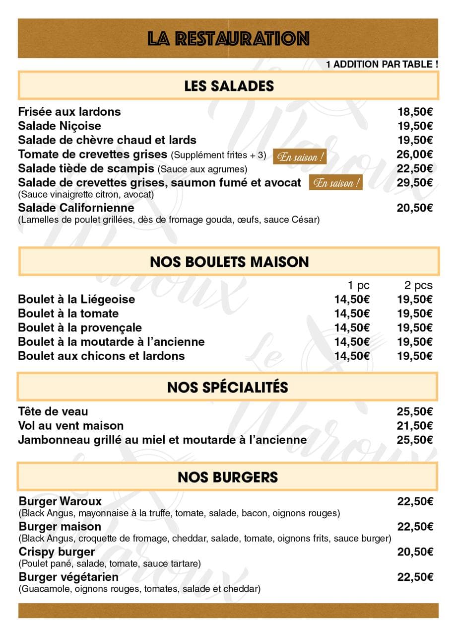 Menu Le Waroux — Salades, Boulets maison, Spécialités, Burgers
